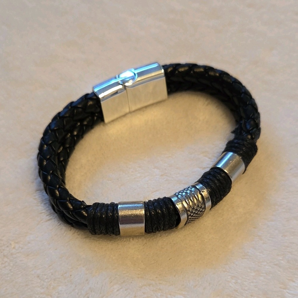 Men's Black Braided Leather Bracelet Stainless Steel‎ Magnetic Adjustable Cuff